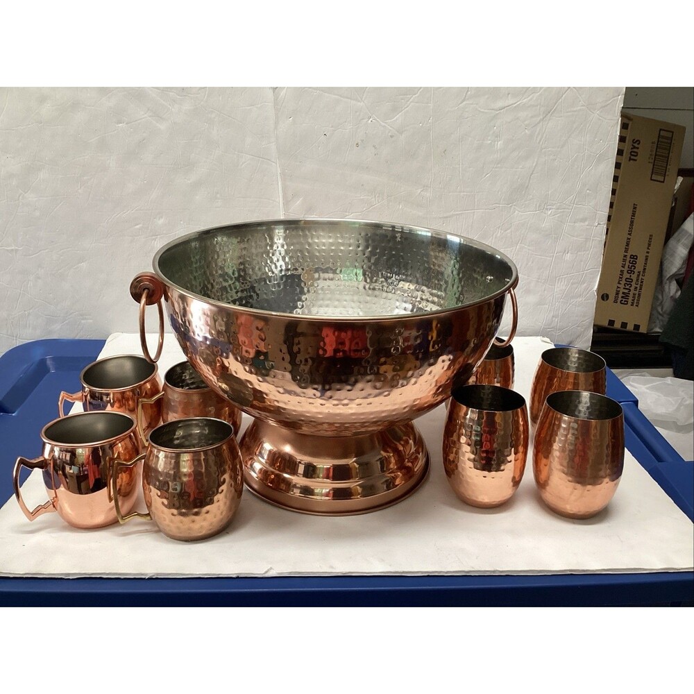 pier 1 copper hammered stainless ice bucket bowl footed cups 9 pieces